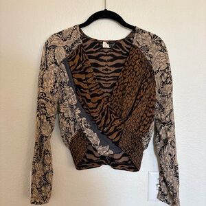 Vintage Carole Little Brown and Black animal and floral Blouse crop top